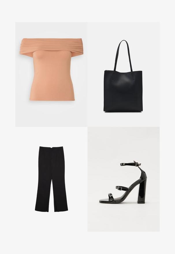 Top z odkrito ramo v svetlo breskvi, z gubanjem tkanine pri ovratniku, prilega se telesu in ima gladko elastiko.; Črne hlače ravnega kroja z naglavnimi žepi in stranskimi razporki na robu. Narejene iz mehke, gladke tkanine. Primerne za različne priložnosti.; Črne lakirane sandale s peto, kvadratnim prstom, trakovi okrog gležnja in srebrnimi zaponkami. Opremljene so s stabilno Debelo peto.; Črna usnjena torba s svilnato teksturo, pravokotne oblike in dvema dolgima ročajema. Brez vidnih metalnih delov ali okrasnih elementov.