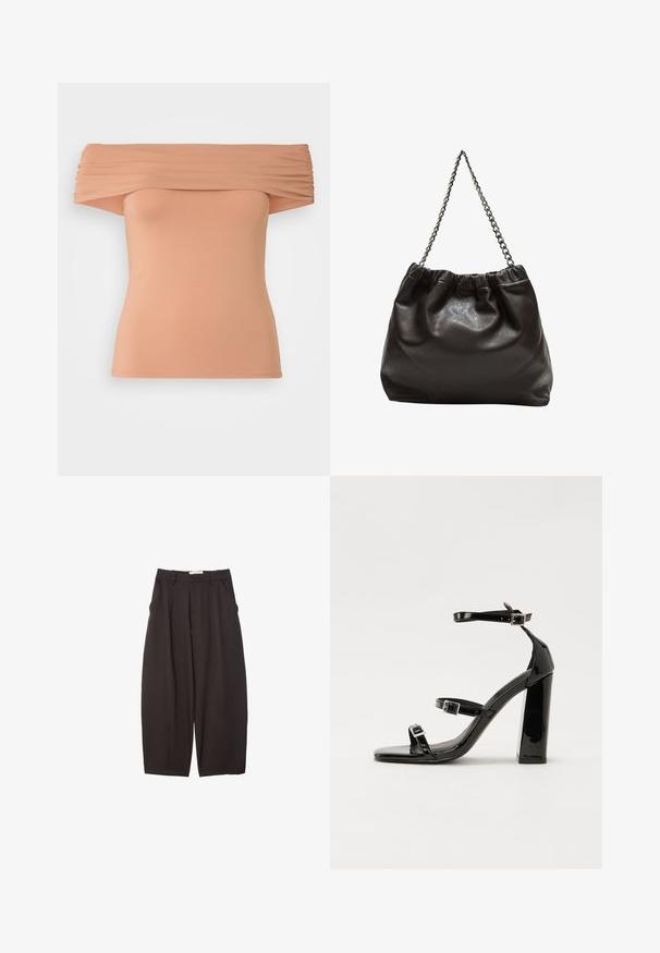 Top bez ramínek v jemné broskvové barvě, s nařaseným materiálem u výstřihu, přiléhavým střihem a hladkým džersejovým povrchem.; Černé široké kalhoty vyrobené z hladkého materiálu, s vysokým pasem, předními sklady a bočními kapsami. Jednoduchý design bez ozdob.; Černé lakované sandály na podpatku se čtveratou špičkou, lýtkovými pásky a stříbrnými přezkami. Disponují masivním blokovým podpatkem pro stabilitu.; Hnědá kožená taška se sbíraným vrškem a řetízkovým popruhem. Hladký povrch s lesklým finišem a jemným švem na bocích.