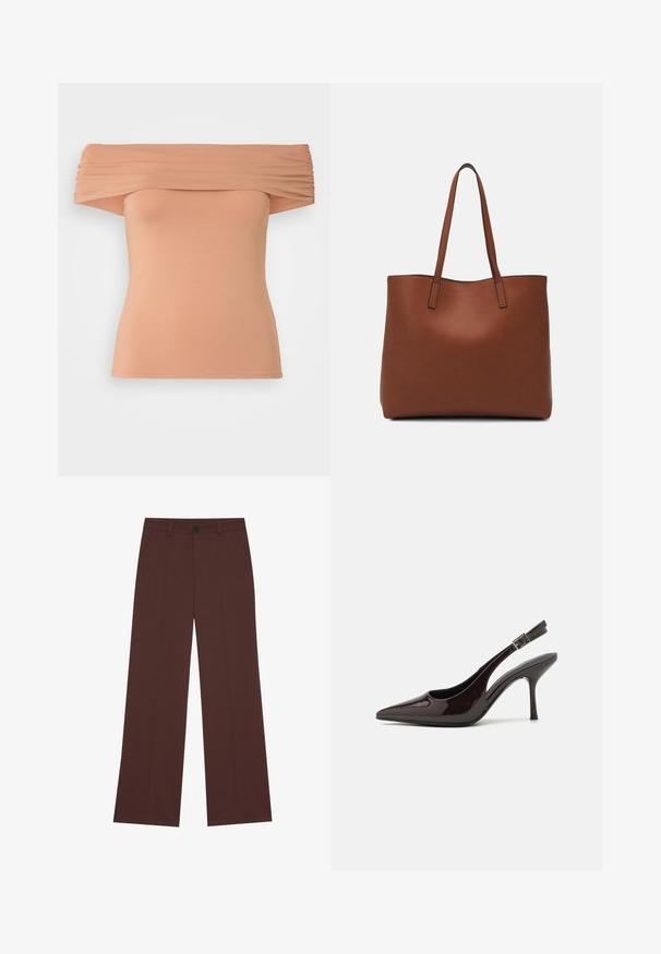 Off-shoulder topp i lys fersken, med rynket stoff ved halsen, tettsittende design og glatt jersey tekstur.; Bredde benbukser i en rik brun stoff. Har knappelukking, to frontlommer, glatt tekstur og rene linjer.; Slingback høyhælte sko i blankt mørkebrunt patentlær, spiss tå, åpne sider og justerbar ankelrem.; Brun lær tote veske med en jevn tekstur, åpen toppdesign og to skulderstropper. Har minimal søm og ingen synlige spiker.