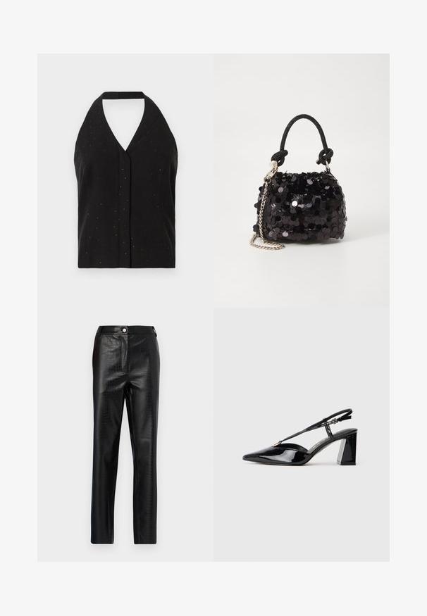 Čierny bezrukávový halterneck top s hlbokým V-výstrihom, jemnými trblietavými ozdobami a priliehavým strihom s uzáverom na chrbte.; Čierne nohavice z umelého koženého materiálu s krokodílím vzorom, slim fit, rovný strih, so zapínaním na gombík vpredu a štandardným pásom.; Čierne patent leather sandále na vysokých opätkoch s ostrou špičkou, nastaviteľným popruhom a robustným obdĺžnikovým opätkom.; Čierna mini kabelka so štrasom, s uzlovým textúrovaným popruhom a strieborným reťazom. Guľatý tvar s riaseným vrchom a reflexnými detailmi.