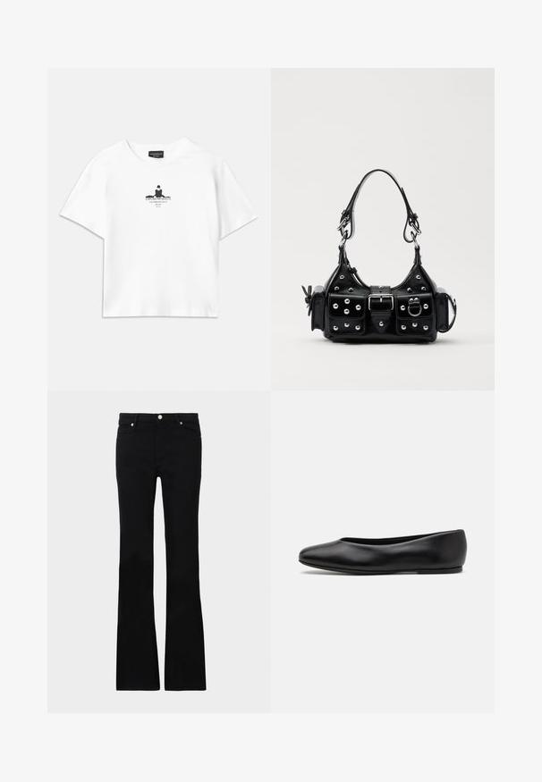 White cotton t-shirt with a loose fit, featuring a black graphic print in the center that includes text and a silhouette design.; Black flared jeans made of denim, featuring two front pockets, a button closure, and a smooth texture. Signature stitching visible at seams.; Paul Smith TOPANGA - Ballet pumps - black; Black leather handbag with a curved design, featuring silver studs, a buckle, and two side pockets. Adjustable strap for carrying options.