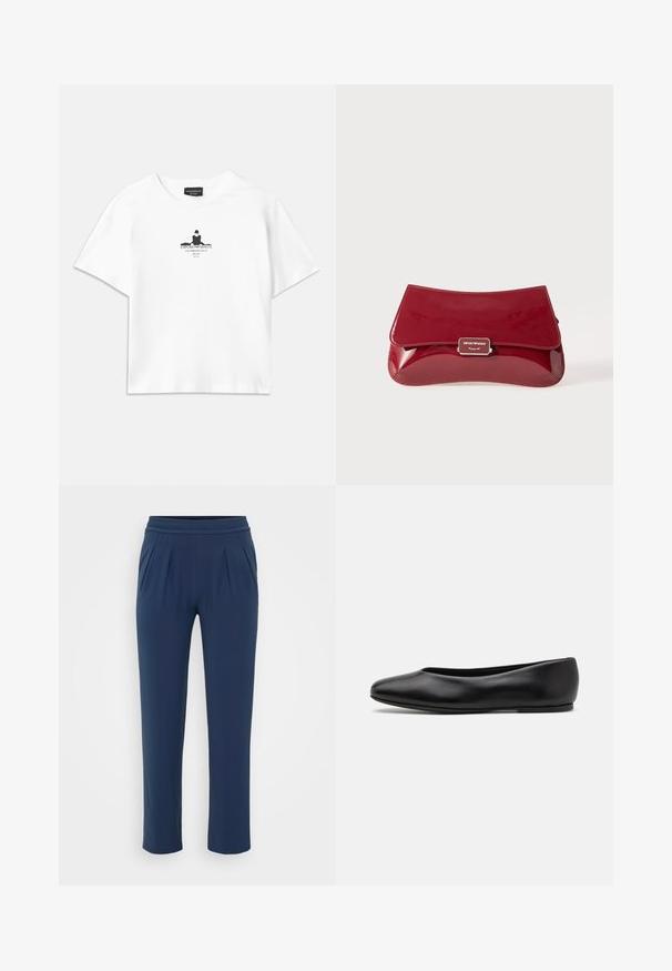 Bílý bavlněný tričko s volným střihem, které má uprostřed černý grafický potisk obsahující text a siluetový design.; Námořnické modré vysoké kalhoty s elastickým pasem, rovné široké nohavice a boční kapsy, prezentované na jednolitém pozadí.; Paul Smith TOPANGA - Klasické baleríny - black; Červená lakovaná kabelka s křivkovým designem, překlopným víkem a kovovým logem na stříbrné destičce. Hladký, lesklý povrch.