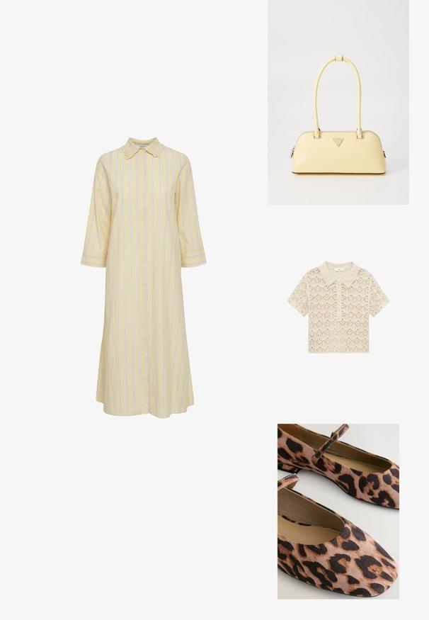 Kurzarmpullover aus Spitzenstrick in Creme, mit Kragen, Knopfleiste und durchgehendem Rautenmuster. Leichter, strukturierter Stoff.; Gestreiftes Kleid in Hellgelb mit pinken vertikalen Streifen. Verfügt über eine Knopfleiste, einen Kragen und dreiviertellange Ärmel. Gleiche Stofftextur.; Ballettflats im Leopardenmuster aus weichem, strukturiertem Stoff, mit runder Zehenpartie und einem dünnen Knöchelriemen für einen sicheren Sitz. Schwarze Akzente auf einem beigen Grund.; Gelbe lackierte Lederhandtasche mit runder Form, einem einzelnen oberen Griff und einer silbernen Logo-Platte. Verfügt über einen Reißverschluss und eine glatte Textur.