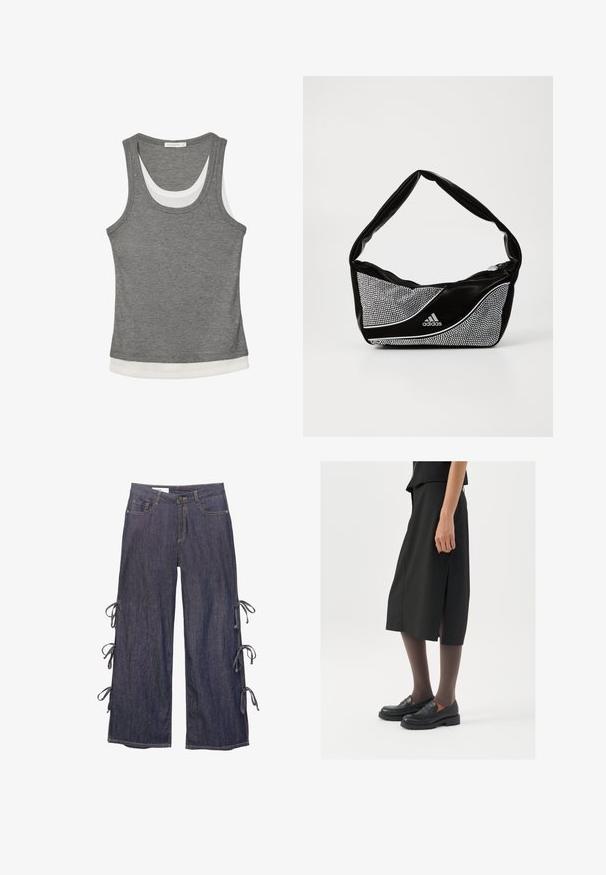 Top grigio realizzato in tessuto a costine, con orlo a strati bianchi e scollo rotondo. Il design è senza maniche e presenta una forma aderente.; Top halter in ecopelle bordeaux con scollatura a V profonda, caratterizzato da una chiusura con zip sulla parte anteriore e dettagli arricciati sul collo.; Pantaloni in denim a gamba larga di colore blu scuro, con legature laterali e chiusura a bottone. Presentano tasche frontali e una silhouette rilassata.; Gonna nera alla lunghezza del ginocchio con spacco laterale, abbinata a mocassini neri e collant trasparenti marroni, caratterizzata da un tessuto liscio e un design semplice.; Borsa adidas nera e argento con una texture liscia, caratterizzata da un motivo borchiato lucido e un design curvo distintivo.