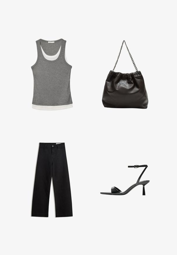 Graues Tank-Top aus geripptem Stoff mit weißem, geschichtetem Saum und Rundhalsausschnitt. Das Design ist ärmellos und hat eine körpernahe Passform.; Schwarze weit geschnittene Jeans mit hoher Taille, ausgestattet mit Vorder- und Hintertaschen, gesteppten Nähten und einem Knopfverschluss. Glatte Textur.; Bershka High Heel Sandalette - black; Braune Lederhandtasche mit gerafftem Oberteil und Kettenriemen. Glatte Textur mit glänzendem Finish und subtilen Nahtdetails an den Seiten.