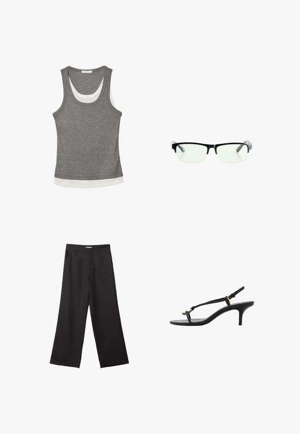 Top grigio realizzato in tessuto a costine, con orlo a strati bianchi e scollo rotondo. Il design è senza maniche e presenta una forma aderente.; Pantaloni neri a gamba larga realizzati in tessuto liscio, con zip frontale e due tasche laterali, dal taglio sartoriale e design minimalista.; Sandal con zeppa kitten nera in pelle, con sottili cinturini, fibbia dorata e una minimalista fascetta per le dita su sfondo bianco.; Occhiali da vista rettangolari neri con lenti trasparenti, dotati di montatura nera elegante e punte delle tempie grigie trasparenti. Design minimalista, senza marchi visibili.; Borsa a tracolla in suede marrone con texture morbida, ampia apertura e lunghe cinghie. Caratterizzata da un design semplice con cuciture visibili e senza accessori.