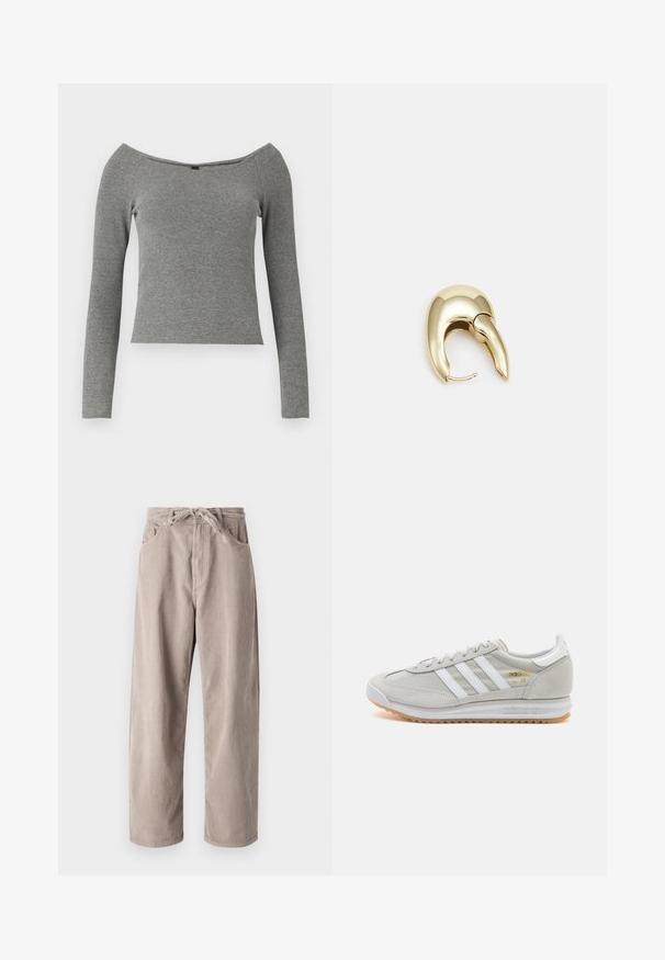 Harmaa ribbimäinen pitkähihaisuus toppi, jossa on olkaimeton kaula-aukko, istuva malli ja sileä pinta. Ei näkyvää metalliosaa tai kuvioita.; Beige corduroy-housut, joissa on löysä malli, piilovetoketjulla, kaksi etutaskua ja pystyribbattu pinta.; Vaaleanharmaat sneakerit, jotka on valmistettu mokasta ja verkosta, sisältäen kolme valkoista raitaa, pyöreän kärjen ja kumisen pohjan. Kultainen logo yksityiskohta nauhojen läheisyydessä.; Kultahipuinen korvakoru, jossa on sulavalinjainen, kaareva muotoilu. Ominaisuuksiin kuuluu erottuva terävä muoto, kiillotettu pinta ja sarana kiinnitys.