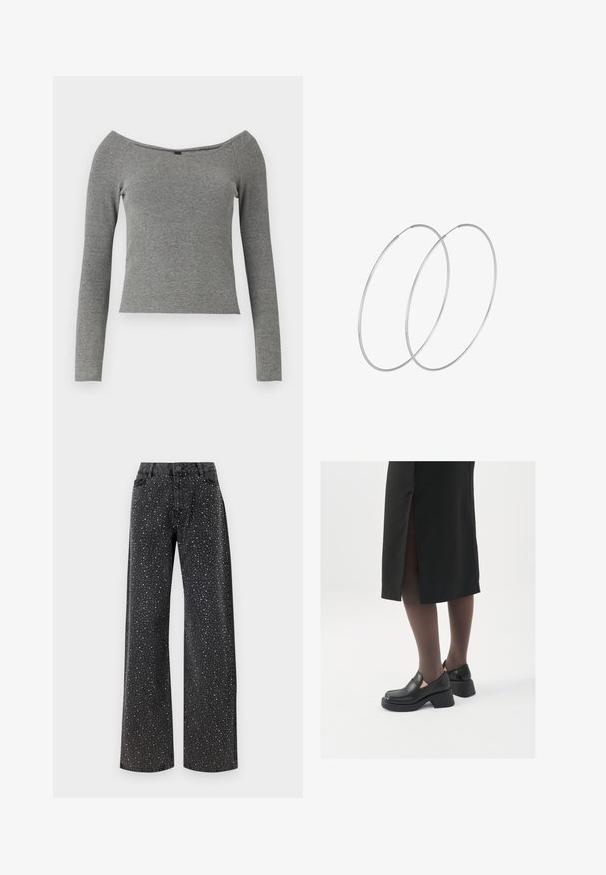 Sivi rebrasti dukserica dugih rukava s izrezom na ramenima, prilagođenog kroja i glatke teksture. Nema vidljivih metalnih dijelova ili uzoraka.; Noisy May NMJANNEL LOOSE - Traperice opuštenog kroja - black denim; Crne kožne cipele s zaobljenim vrhom, debelim blok petama i elastičnim bočnim detaljima, uparene s tamnim čarapama i crnom suknjom s prorezom.; Srebrne okrugle naušnice s minimalističkim dizajnom. Kružni oblik, glatka tekstura i tanak profil. Lagane s poliranim završetkom.