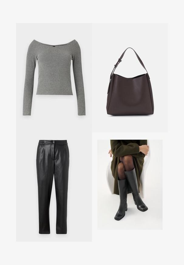 Szürke bordázott, hosszú ujjú felső, vállnál kivágott nyakkivágással, ízléses fazonnal és sima textúrával. Nincsenek látható fémalkatrészek vagy minták.; Fekete bőr nadrág sima textúrával, egyenes szabással, rugalmas derékkal és elülső gombos záródással; pliszírozott részletezéssel és szűkített lábakkal.; Térdfelett érő fekete bőr csizmák négyzet alakú orral és tömbtalppal, olajzöld kabátban ülő modellel bemutatva. Simaság, minimalista részletezés.; Vero Moda VMLANE - Bevásárlótáska - chocolate torte