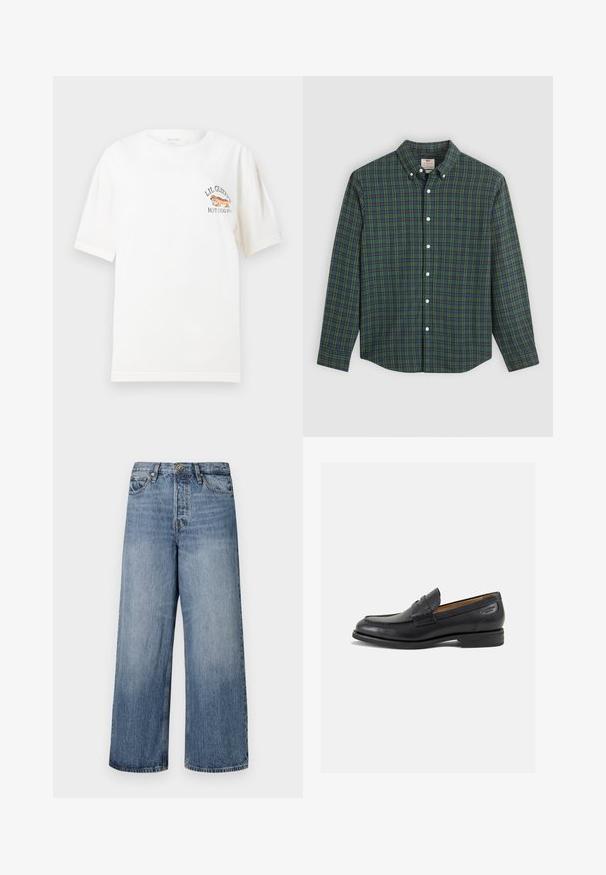 Valge puuvillane T-särk lühikeste varrukatega; sisaldab värvilist tikandit hot dogi ja tekstiga "LIL GLIZZYS HOT DOG HU."; Pikend varrukatega nööbiga särk rohelise, sinise ja kollase ruudulise mustriga, valged nööbid ja nööbitud krae.; Laia siniste denimpükse, millel on pleekinud pesu, viie tasku disain ja nööbi sulgemine. Varustatud vööde jaoks silmadega ja õmblustega detailidega.; Mustad mustad nahast loafers, sujuva viimistlusega, ümar sirge ja dekoratiivne tikand peal. Madal ja kergelt kuhjatud konts ning kerge läige.