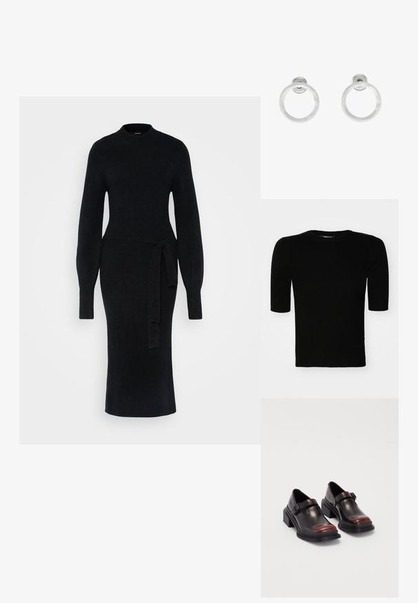 Melnā ribota īsās piedurkņu blūze ar apaļu izgriezumu, izgatavota no teksturēta auduma, ar pieguļošu siluetu un tīrām malām.; Melnā adīta kleita ar garām piedurknēm, augstu kakla izgriezumu un vidukļa siksnu. Siluets ir pieguļošs, ar taisnu midi garuma apakšmalu.; Ādas blokveida papēžu kurpes ar spīguļojošu tumši sarkanu apdari, aprīkotas ar sprādzi un noapaļotu purngali. Teksturēts zole labākai saķerei.; Zign LEATHER - Rokassoma - dark red; Sudraba metāla gredzenveida auskari ar matētu faktūru, ar apaļu dizainu un caurspīdīgu aizdari, lai nodrošinātu drošu valkāšanu.