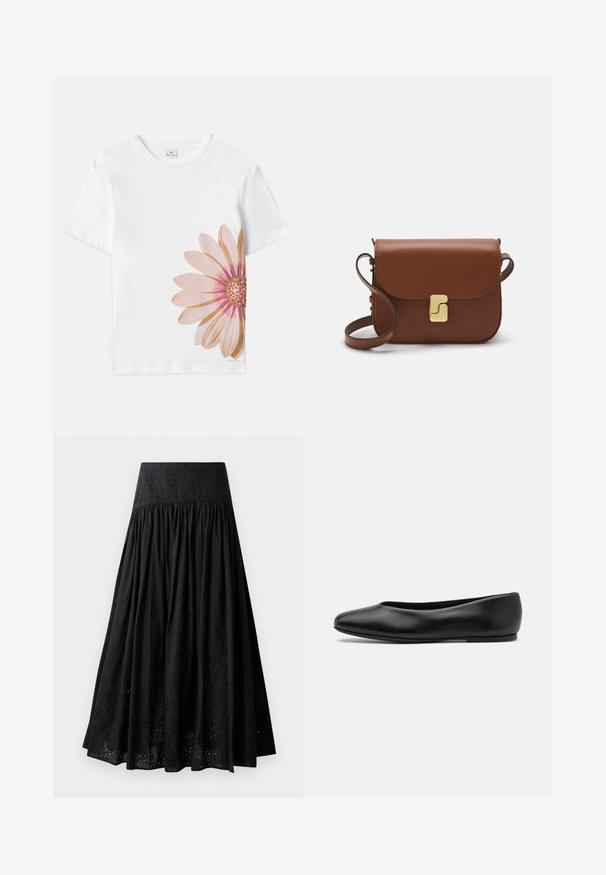 White cotton T-shirt featuring a large pink and gold flower graphic on the left side. Short sleeves and round neckline.; Black maxi skirt made of cotton with an embroidered waistband. Features gathered fabric and eyelet detailing along the hem.; Paul Smith TOPANGA - Ballet pumps - black; Brown leather handbag with a flap closure, gold-tone hardware, a shoulder strap, and a smooth texture. Compact rectangular shape.