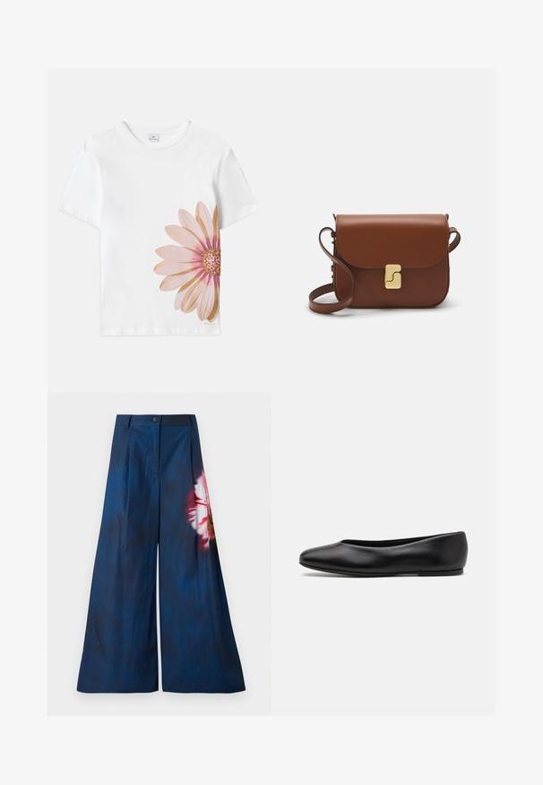 White cotton T-shirt featuring a large pink and gold flower graphic on the left side. Short sleeves and round neckline.; Wide-leg trousers in dark navy fabric, featuring a floral print in pink and yellow on one side, with a button closure at the waist.; Paul Smith TOPANGA - Ballet pumps - black; Brown leather handbag with a flap closure, gold-tone hardware, a shoulder strap, and a smooth texture. Compact rectangular shape.