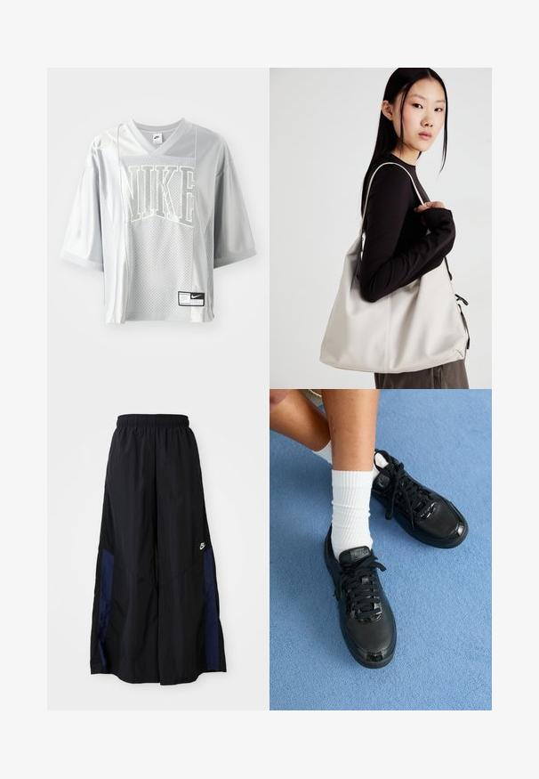 Camisola Nike cinza claro com um design em malha, apresentando um logo "NIKE" proeminente em uma cor clara contrastante e uma pequena etiqueta da marca na bainha.; Calças largas pretas feitas de tecido leve, com um painel lateral azul-marinho e cintura elástica. Pequeno logótipo branco na parte inferior.; Tênis Nike pretos apresentam um cabedal texturizado, detalhes brilhantes e cadarços redondos. Estão combinados com meias brancas caneladas sobre uma superfície azul clara.; Uma bolsa bege feita de material macio, com um design descontraído, detalhes de costura e duas alças para o ombro. Adequada para uso diário.