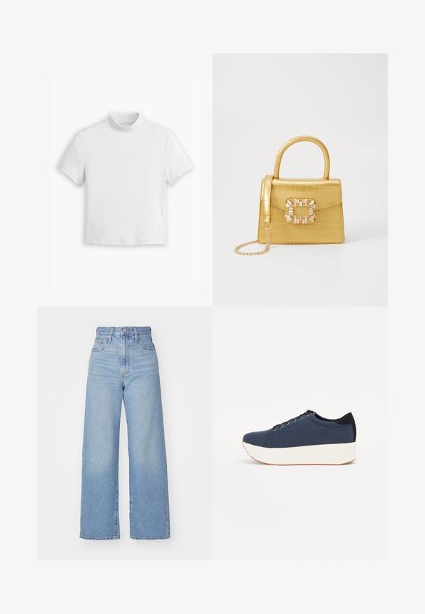 Balta trumpa rankovėmis marškinėliai su aukštu kaklu, pagaminti iš minkštos, lygios medvilnės audinio. Turi paprastą, švarų dizainą ir tiesų kraštą.; Šviesiai mėlynos aukšto liemens plačios kojos džinsai su priekiniais užtrauktukais ir sagom, priekinėmis ir galinėmis kišenėmis, ant baltos fono.; Tamsiai mėlynas sportinis batelis su tekstūruotu audiniu viršuje, baltu platformos padu, apvaliu pirštu ir juodu kulno akcentu.š. Yra šešios skylės raišteliams.; Geltonas dirbtinės krokodilo odos rankinukas su standžiu dizainu, viršutine rankena, nuimamu grandininiu dirželiu ir dekoratyviniu krištolo papuošimu ant užsegimo.