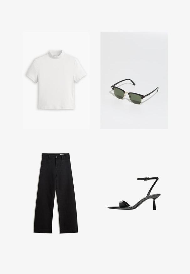 Bela kratka majica s kratkimi rokavi in visokim ovratnikom, izdelana iz mehkega in gladkega bombažnega blaga. Ima preprost, čist dizajn in ravno rob.; Črne široke denim hlače z visokim pasom, ki imajo sprednje in zadnje žepe, šivane šive ter gumbasto zapiranje. Gladka tekstura.; Bershka Sandali z visoko peto - black; Črne in zlate sončne očala z zelenimi lečami, v obliki mačjih oči, z kovinskimi detajli in teksturiranim okvirjem.; Črna lakasta usnjena torbica s ukrivljeno obliko, enim ramenskim trakom, sprednjimi žepi in srebrnimi kovinskimi dodatki.