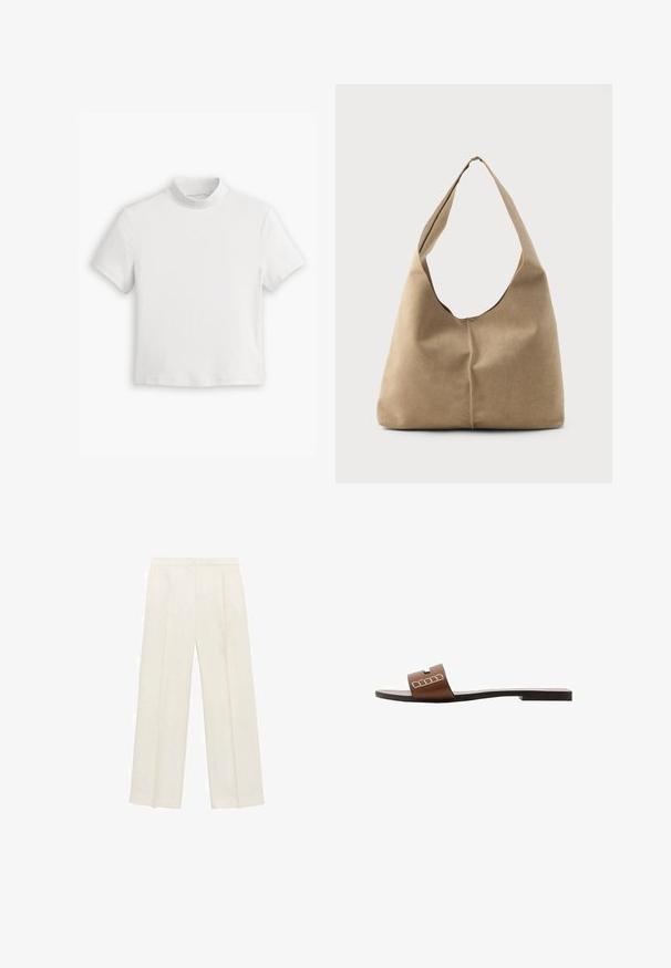 Witte t-shirt met korte mouwen en hoge hals, gemaakt van zachte, gladde katoenen stof. Heeft een eenvoudig, strak ontwerp en een rechte zoom.; Wijdgevallen broeken in een lichtcrème kleur. Gemaakt van een zachte stof met plooien aan de voorkant en zijzakken.; Bruine leren slip-on sandalen met een platte zool, voorzien van een brede band en witte geometrische accenten voor een minimalistisch ontwerp.; Hobo tas in zacht beige suede met een slungelige vorm, brede schouderband en een handgestikte naad langs de voorkant.