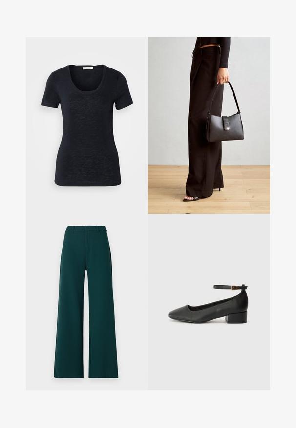 Zwarte short-sleeve t-shirt met een ronde halslijn, lichte textuur en een getailleerd silhouet, met subtiele variaties in de stof.; Brede broekspijpen in een donkergroene stof. Heeft een hoge taille, voorplooien en riemlussen. Soepele textuur en op maat gemaakt ontwerp.; Zwarte leren pump met een spitse neus en een lage blokhak. Beschikt over een enkelband met een goudkleurige gespsluiting. Gladde textuur.; Zwarte handtas met gestructureerde vorm, gladde textuur en een metalen sluiting. Gecombineerd met brede zwarte broeken en sandalen met open teen op een houten vloer.