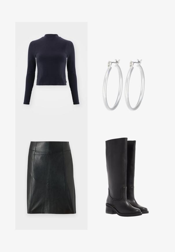 Navy long-sleeve crop top with a mock neck. Made of soft fabric, features fitted design, subtle stitching, and no visible patterns or accents.; Black leather skirt with a fitted design. Smooth texture, seams outlining shape, and a straight hem. Minimalistic and sleek appearance.; Black leather knee-high boots with a smooth texture, rounded toe, and a chunky heel. Features subtle stitching and a streamlined design.; Silver hoop earrings with a smooth, polished finish. Round shape and secure click-top closure. Lightweight design suitable for everyday wear.