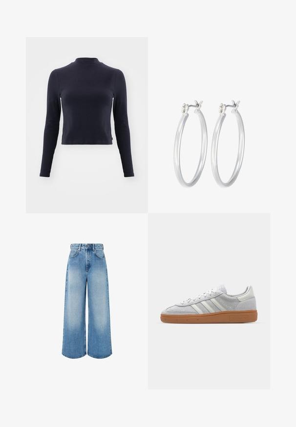 Marineblaue Langarm-Crop-Top mit Stehkragen. Hergestellt aus weichem Stoff, zeichnet sich durch eine taillierte Passform, dezente Nähte und keine sichtbaren Muster oder Akzente aus.; Hellblaue, weit geschnittene Jeans aus Denim mit hoher Taille, Knopfverschluss und subtiler Ausbleichung sowie sauberen Saumkanten.; Hellgraue Wildledersneaker mit weißen Lederakzenten, drei weißen Streifen und einer braunen Gummisohle, ausgestattet mit einem gepolsterten Kragen für zusätzlichen Komfort.; Silberne Creolen mit einer glatten, polierten Oberfläche. Runder Form und sicherem Klickverschluss. Leichtes Design, geeignet für den täglichen Gebrauch.