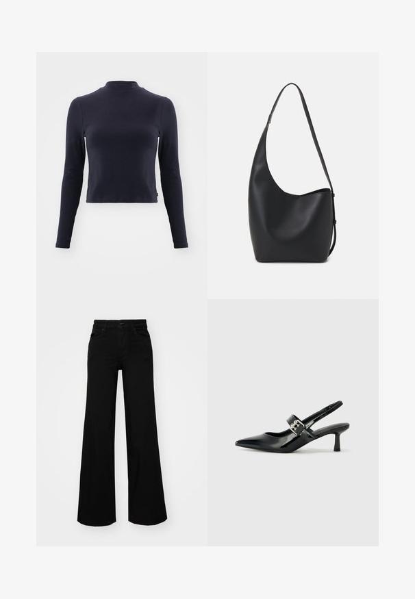 Marineblaue Langarm-Crop-Top mit Stehkragen. Hergestellt aus weichem Stoff, zeichnet sich durch eine taillierte Passform, dezente Nähte und keine sichtbaren Muster oder Akzente aus.; Schwarze weit geschnittene Hose aus Denim, mit einem strukturierten Bund, Gürtelschlaufen und Fronttaschen. Glatte Textur mit klassischem Design.; Schwarze Lackleder Slingback-Absätze mit spitzem Zeh und kleinem Blockabsatz, ausgestattet mit einem silbernen Schnallenakzent am Riemen.; Schwarze Leder-Hobo-Tasche mit einer glatten Textur, geschwungener Form und einem einzelnen verstellbaren Tragegurt; verfügt über eine weite Öffnung am oberen Ende.