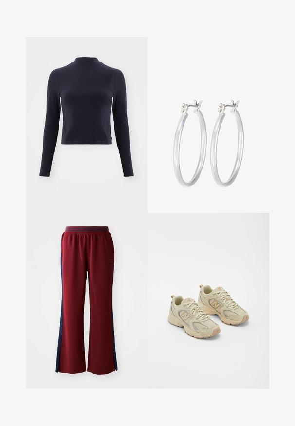 Granatowa bluzka crop z długim rękawem i stójką. Wykonana z miękkiego materiału, ma dopasowany krój, subtelne szwy i brak widocznych wzorów lub akcentów.; Czerwone dresy z luźnym krojem, z niebieskimi paskami po bokach i szerokimi nogawkami. Elastyczny pas dla wygody.; Beżowe buty sportowe z siatkową cholewką, teksturowanymi akcentami i gumową podeszwą. Posiadają wyraźne logo po boku oraz sznurowane zapięcie.; Srebrne kolczyki w formie kółek o gładkim, polerowanym wykończeniu. O okrągłym kształcie i pewnym zapięciu na klik. Lekka konstrukcja odpowiednia do codziennego noszenia.