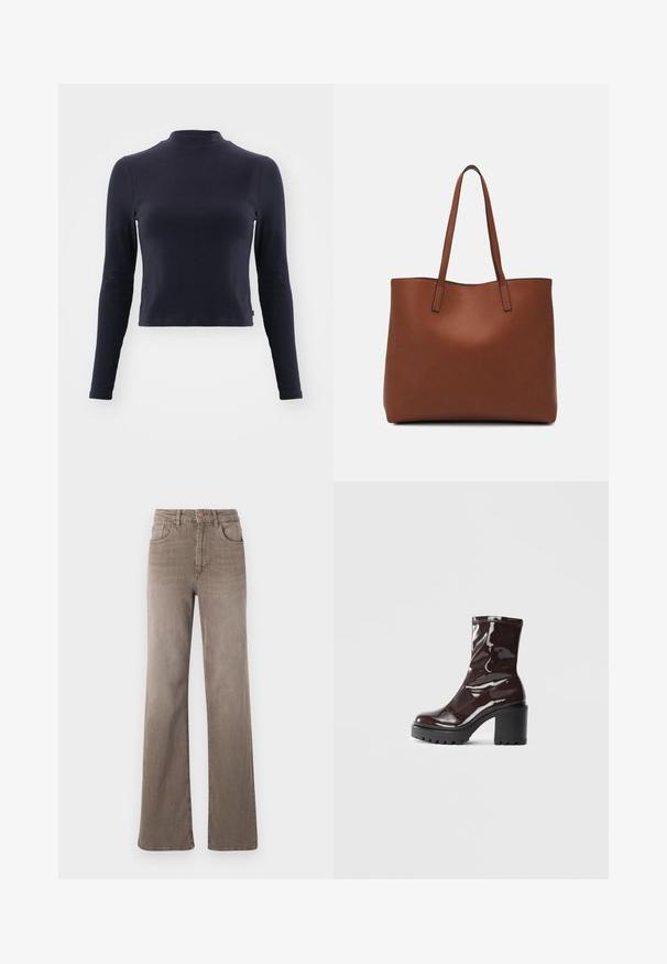 Marine langærmet crop top med høj hals. Lavet af blødt stof, har fitted design, diskret syninger og ingen synlige mønstre eller detaljer.; Brune højtaljede straight-leg jeans med frontknap, bælteløkker og klassisk fem-lomme design på en hvid baggrund.; Glatte burgunder ankelstøvler med en chunky sort hæl, der har en glat tekstur og et simpelt design. Ingen synlige lukninger eller mønstre.; Brun læder tote taske med en glat overflade, åben topdesign og to skulderremme. Har minimal syning og ingen synlig hardware.