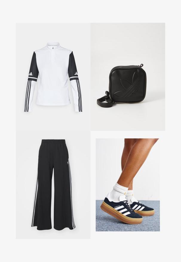 Witte sportieve pullover met een halve rits kraag, lange zwarte mouwen met drie witte strepen en het Adidas-logo op de schouders.; Zwarte wijde sweatpants met een elastische tailleband, met witte zijstrepen en een geborduurd logo op de linker dij.; Zwarte suède sneakers met witte strepen en accenten, ronde neus, gum rubberen buitenzool, gecombineerd met witte geribbelde crewkousen.; Zwarte vierkante crossbody tas van gestructureerd synthetisch materiaal. Met een reliëflogo ontwerp en een verstelbare schouderband. Ritssluiting.