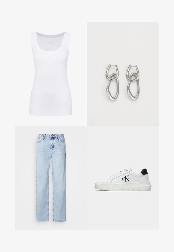 Top alb fără mâneci, realizat dintr-un material neted, cu decolteu rotund și o siluetă ajustată. Fără modele sau accente vizibile.; Jeans lejere de culoare albastru deschis, realizate din denim, având talie înaltă, spălare ușoară și un model subtil de tie-dye pe partea din față.; Adidași albi cu glezna joasă, cu tab-ul de călcâi negru, talpă platformă, șireturi și logo-ul "CK" de la Calvin Klein pe lateral.; Calvin Klein STATEMENT LINKS - Cercei - silver-coloured