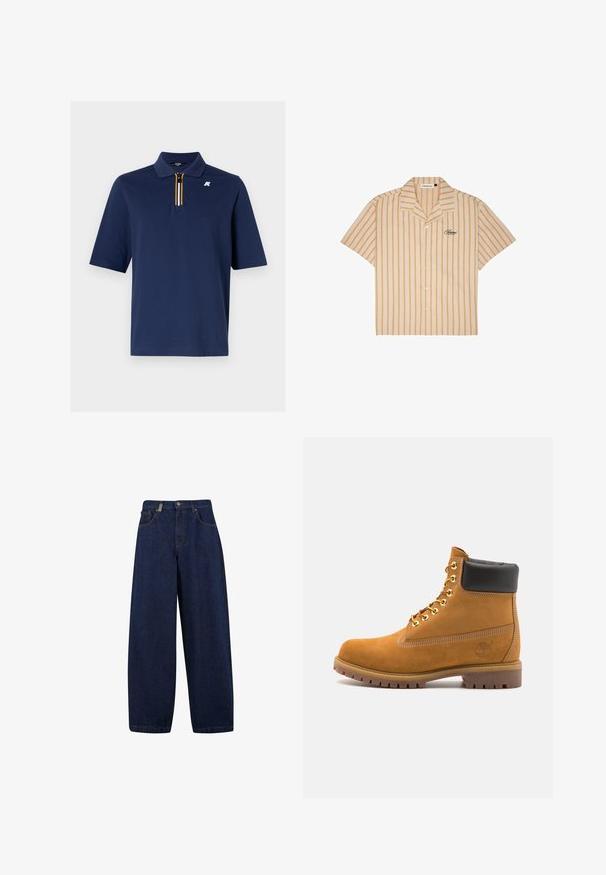 Jūras spēku polo krekls no kokvilnas ar īsu rāvējslēdzēju un dzeltenu, baltu un melnu svītru detaļu. Uz krūtīm ir neliels logs.; KraShort-sleeve pogli piete maijā viena Izstrāde: bezsila pogu krekla ar apdari uz lapām.; Brīvi pieguļoši tumši zili džinsu bikses ar augstu jostasvietu, priekšējām kabatām un taisnas kāju dizainu. Ietver sudraba tonis aksesuārus un minimālu šuvju izmantošanu.; Brūna zamša potīte ar melnu izšuvumu ap kaklu, zelta metāla acu caurumi, balta šuvju apdare un izturīgs gumijas zole ar izteiktu zīmējumu.