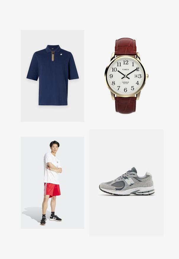 Jūras spēku polo krekls no kokvilnas ar īsu rāvējslēdzēju un dzeltenu, baltu un melnu svītru detaļu. Uz krūtīm ir neliels logs.; Balts kokvilnas T-krekls, sarkanas sporta šorti ar trim baltām svītrām, melni sporta apavi ar baltām akcentiem, stāvot ar saliktām rokām.; Pelēkie sporta apavi ar sieta un zamša materiāliem, ar baltu logotipu, mīkstu apkaklīti un tekstūru gumijas zolēm. Akcenti tumšākā pelēkā krāsā.; Timex pulksteņi ar baltu ciparnīcu, melniem arābu skaitļiem un zelta krāsas korpusu. Tam ir brūns ādas siksniņa ar krokodila rakstu un datuma logs.