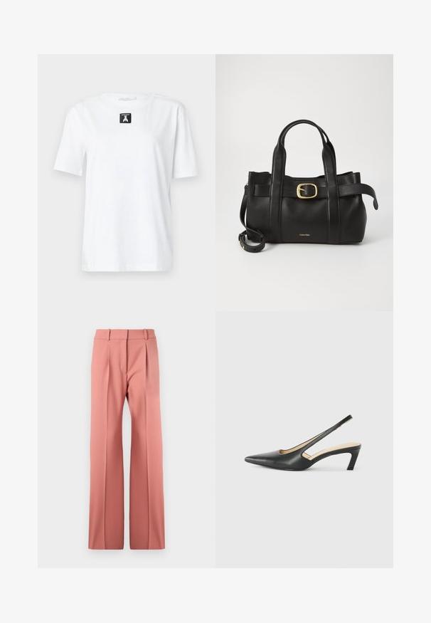 Biała bawełniana koszulka z krótkim rękawem, okrągłym dekoltem i czarną prostokątną metką z przodu, zawierającą logo. Prosty i uniwersalny design.; Różowe, szerokie spodnie wykonane z gładkiego materiału, z plisami z przodu, wysokim stanem oraz czystym krojem bez widocznych kieszeni.; Czarny but na obcasie typu slingback z ostro zakończonym noskiem, z niskim obcasem, wykonany z gładkiej skóry, z wycięciem po boku dla lepszej wentylacji.; Czarna skórzana torebka o zorganizowanej konstrukcji, z podwójnymi uchwytami u góry, akcentem w postaci złotego zapięcia oraz wytłoczonym logo marki z przodu.