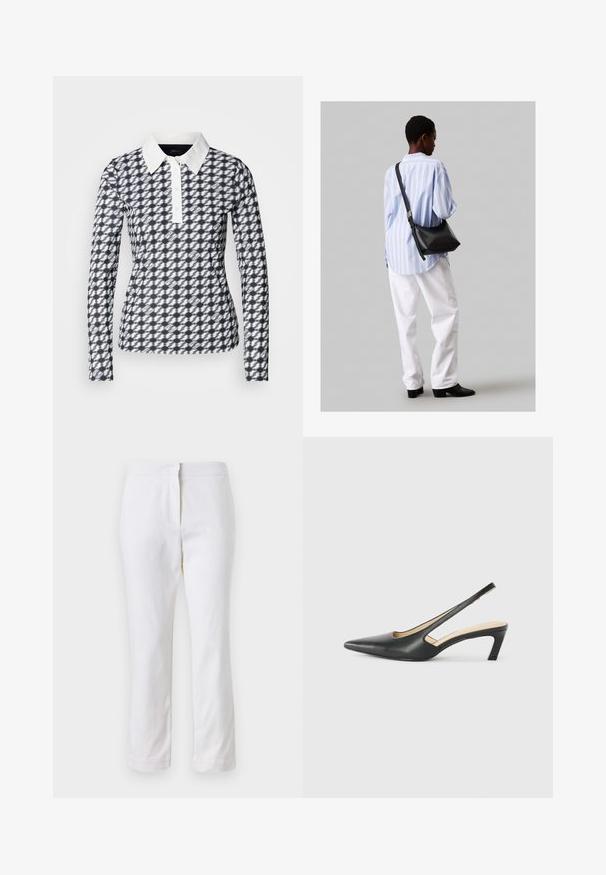 Ilga rankovė polo marškinėliai su šuo dantų raštu tamsiai mėlynos ir baltos spalvų. Savybės: balta apykaklė ir sagų iškirpimas, pagaminti iš glotnaus audinio.; Balti medvilniniai kelnių su tiesiu kojų dizainu, turintys vidutinį liemenį ir be matomų detalių ar raštų. Lygi tekstūra visame paviršiuje.; Juodas smailus slingback batelis su žemu kulnu, pagamintas iš lygaus odos paviršiaus ir su išpjovomis šone, užtikrinančiomis oro pralaidumą.; Juodas odinis petinis krepšys su minkšta tekstūra, trikampiu pavidalu ir reguliuojama juosta, derinamas su šviesiai mėlynu dryžuotu marškinėliu ir baltais džinsais.