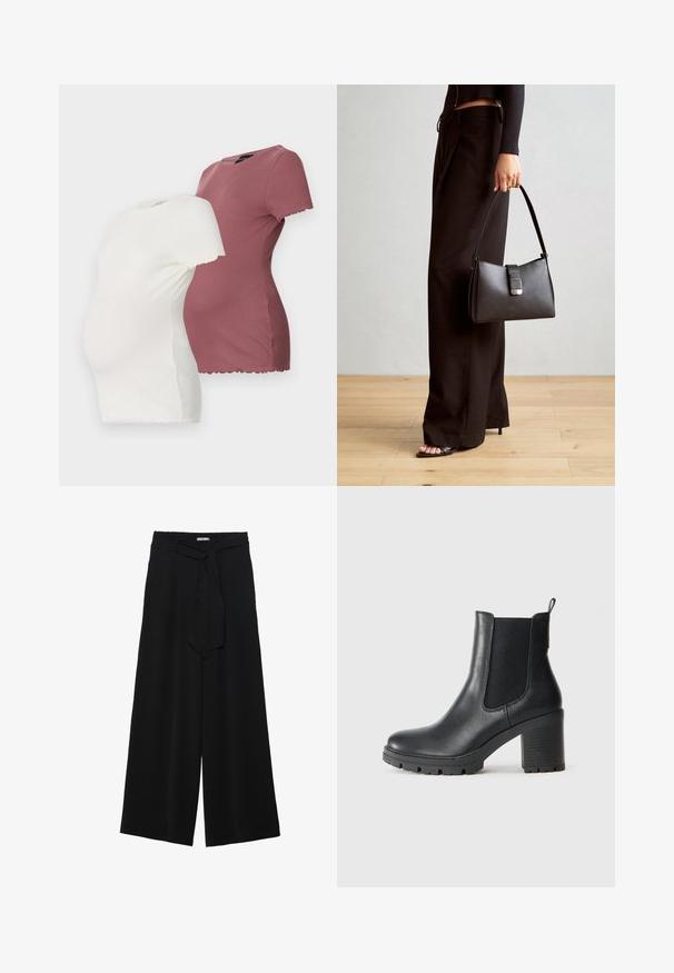 Två graviditetströjor i vitt och burgundy, med korta ärmar, rund halsringning och scallopade nederdelar.; Svarta vida byxor med texturerad tyg, elastisk midja och en avtagbar käppknut i midjan för justerbar passform.; Svarta läderankelstövlar med elastiska sidopaneler, chunky gummisula och hög blockklack. Har en dragflik på bakdelen.; Svart handväska med strukturerad form, slät yta och metallspänne. Matchad med vida svarta byxor och sandaler med öppen tå på trägolv.