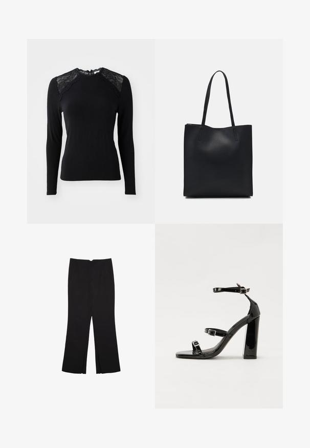 Musta pitkähihaisia paita, joka on valmistettu pehmeästä kankaasta. Paidassa on pitsikoristeet olkapäillä ja pyöreä pääntie, jossa on pitsireuna.; Mustat housut suoralinjaisella leikkauksella, joissa on etutaskut ja sivurei'ät helman alla. Valmistettu pehmeästä ja sileästä kankaasta. Sopii eri tilaisuuksiin.; Musta kiiltävä korkokenkä sandaalit neliönmuotoisella varpaalla, nilkkaremmillä ja hopeisilla soljilla. Varustettu tukevalla lohkokorkealla vakauden takaamiseksi.; Mustapahkainen kangaskassi, jossa on sileä pinta, suorakaiteen muotoinen ja kaksi pitkää kahvaa. Ei näkyvää metalliosaa tai koristeita.