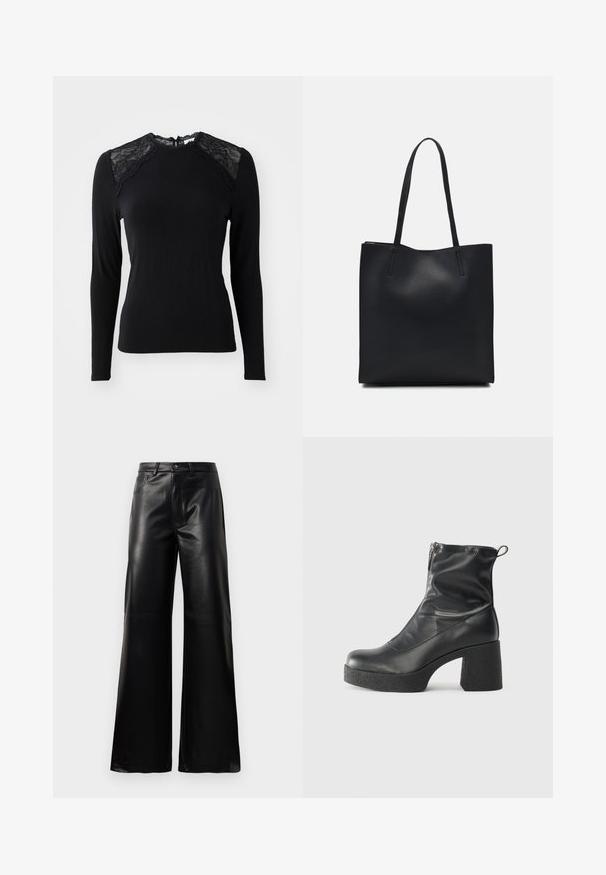 Juodas ilgomis rankovėmis viršus, pagamintas iš minkštos medžiagos, su nėrinių akcentais ant pečių ir apvaliu iškirpimu su nėrinių apdaila.; Juodos aukšto juosmens plačios kojų dirbtinės odos kelnės su priekiniais mygtukais, užtrauktuku, diržo kilpomis ir šoninėmis kišenėmis ant balto fono.; Juodos kulkšninių botai, pagaminti iš lygaus odos, su šoniniu užtrauktuku, masyviu tekstūruotu kulnu ir apvaliu pirštu.; Juodas odinis tote krepšys su lygia tekstūra, stačiakampio formos ir dviem ilgais rankenomis. Matomų metalinių detalių ar puošybos nėra.