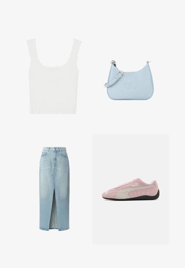 Witte geribde tanktop met geschulpte randen op de schouderbanden en de halslijn, met een aansluitende pasvorm en zachte textuur.; Lichtblauwe denimrok met een voorknijp, vijf zakken en riemlussen. Gemaakt van katoen met een soepele textuur en een lichte vervaging.; Roze suedine sneaker met grijze accenten, gestroomlijnd ontwerp, textuur upper en zwarte rubberen zool. Kenmerkt het Puma-logo aan de zijkant.; Miriade A SPALLA HILARY - Schoudertas - azzurro