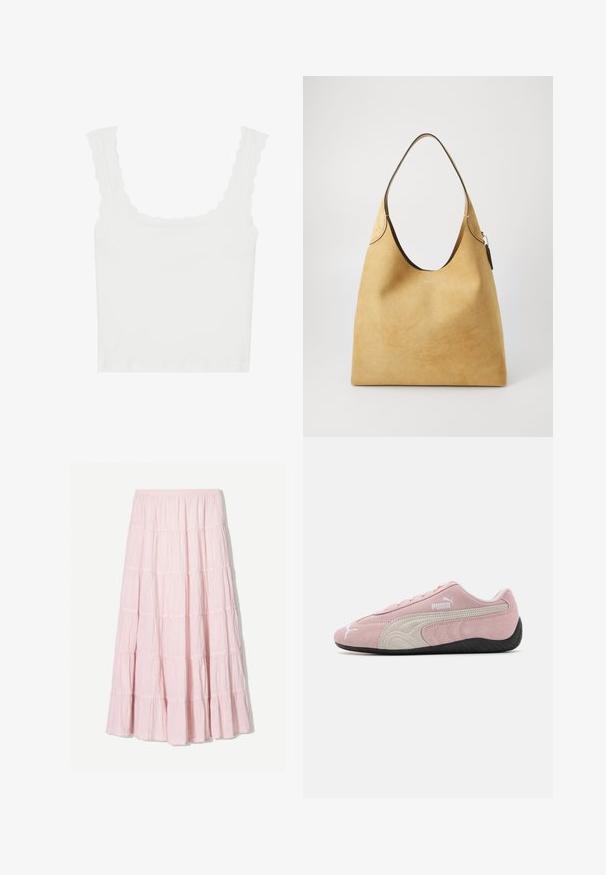 Witte geribde tanktop met geschulpte randen op de schouderbanden en de halslijn, met een aansluitende pasvorm en zachte textuur.; Lichtroze, gelaagde maxi-rok van een gestructureerde, lichte stof. Elastische tailleband en vloeiende zoom met ruches.; Roze suedine sneaker met grijze accenten, gestroomlijnd ontwerp, textuur upper en zwarte rubberen zool. Kenmerkt het Puma-logo aan de zijkant.; Geel suède hobo tas met een gladde textuur, brede opening en een bruine leren rand aan de bovenkant. Voorzien van een zilverkleurige ritssluiting.