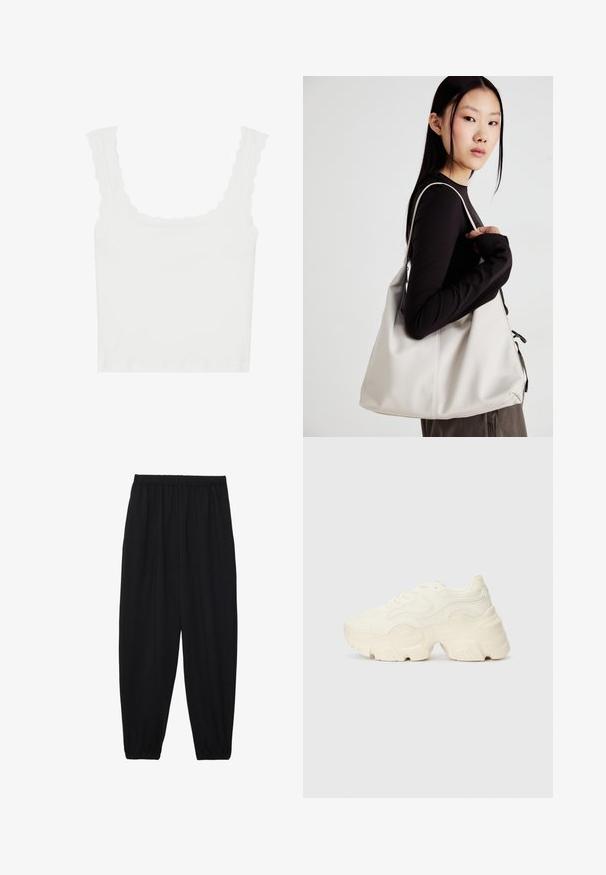 Hvitt ribbet tanktop med bølgete kanter på stroppene og utringningen, i en tettsittende fasong og myk tekstur.; Svarte, lette bukser med elastisk liv og rynkede ankler. Stoffet er glatt og har en avslappet, innsvingt design.; Chunky hvite sneakers laget av teksturert mesh og syntetiske materialer, med en tykk såle og intrikate mønsterdetaljer langs sidene.; Beige håndveske laget av mykt materiale, med en slapp design, sydd detaljer og to skulderstropper. Passer for daglig bruk.