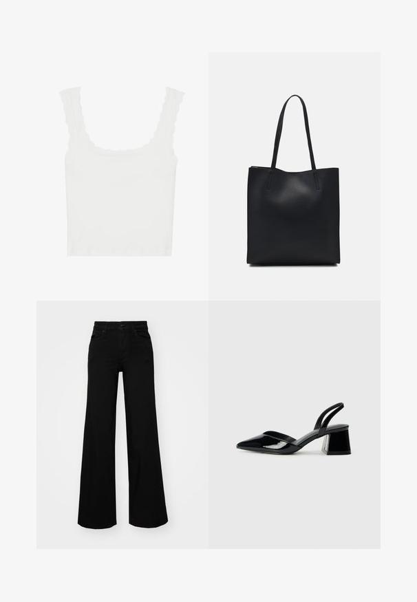 White ribbed tank top featuring scalloped edges on the straps and neckline, with a fitted shape and soft texture.; Black wide-leg pants made of denim, featuring a structured waistband, belt loops, and front pockets. Smooth texture with a classic design.; Black patent leather slingback heels with a pointed toe and a geometric block heel. Features a sleek, minimal design and smooth texture.; Black leather tote bag with smooth texture, rectangular shape, and two long handles. No visible hardware or embellishments.