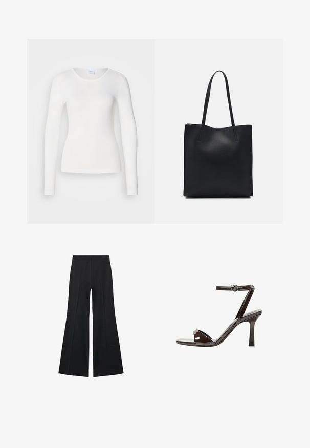 White long-sleeve shirt made of a soft, smooth fabric; features a round neckline and a fitted shape, with no patterns or embellishments.; Black wide-leg pants with a smooth texture, featuring front pleats and a tailored design. The fabric is lightweight and flowy.; Brown patent leather high-heeled sandal with an ankle strap, open toe, and a sleek, minimalist design. Features a square heel.; Black leather tote bag with smooth texture, rectangular shape, and two long handles. No visible hardware or embellishments.