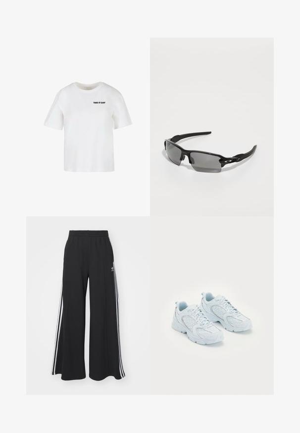 Hvid kortærmet t-shirt lavet af bomuld med en rund halsudskæring og teksten "TAKE IT EASY" trykt i sort på forsiden.; Sorte brede sweatpants med elastisk talje, med hvide sidelommer og et broderet logo på venstre lår.; Lyseblå atletik sko med en overdel af mesh og syntetisk materiale, der har hvide prikker og reflekterende detaljer, snørebåndsdesign og polstrede såler.; Sorte sports solbriller med grå linser, en buet rammedesign og logodetalje på siden. Fremstillet af letvægts plastmateriale.