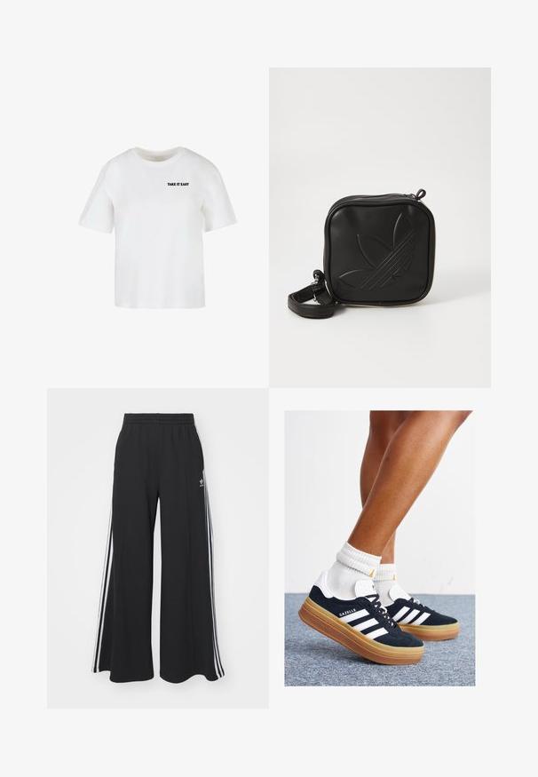 Hvid kortærmet t-shirt lavet af bomuld med en rund halsudskæring og teksten "TAKE IT EASY" trykt i sort på forsiden.; Sorte brede sweatpants med elastisk talje, med hvide sidelommer og et broderet logo på venstre lår.; Sorte sneakers i ruskind med hvide striber og detaljer, rundet tå, ydersål i gummi, kombineret med hvide ribstrikkede crew sokker.; Sort kvadratisk crossbody taske lavet af tekstureret syntetisk materiale. Har et prægede logo design og justerbar strop. Lynlåslukning.