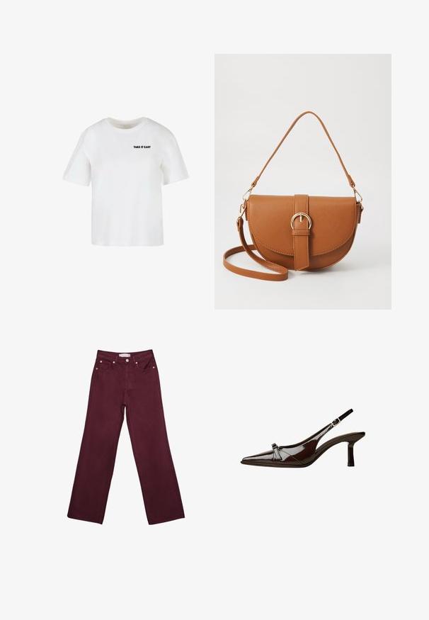 Vit kortärmad t-shirt i bomull med rund halsringning och texten "TAKE IT EASY" tryckt i svart på framsidan.; Burgundy högmidjade jeans med rak bendesign, som har framfickor, knappstängning och detaljer i kopparfärg.; Brun lackläder slingback-sko med spetsig tå, låg klack och en dekorerande rosett på framsidan. Slät, glansig yta.; Brun läder crossbody-väska med en böjd form, gyllene detaljer och en spänneaccent. Har en avtagbar axelrem.