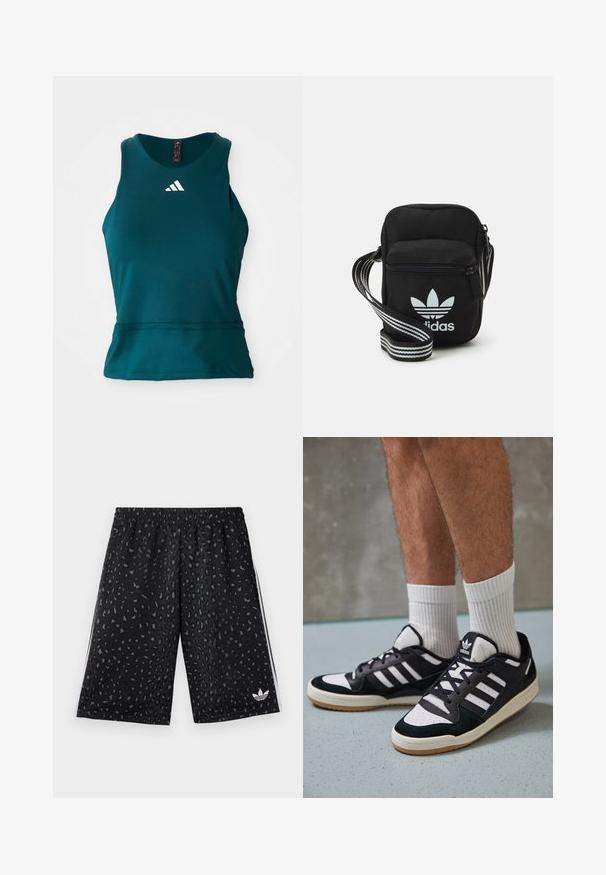 Top sportivo turchese realizzato in un tessuto liscio e traspirante. Presenta un colletto rotondo, design senza maniche e un logo bianco sul petto.; Pantaloni sportivi neri con un motivo a leopardo grigio scuro. Presentano un elastico in vita e strisce bianche ai lati con un logo.; Sneaker bianco e nero con tomaia in suede e pelle, caratterizzati da tre strisce bianche, punta perforata e suola in gomma naturale.; Borsa a tracolla in tessuto nero con chiusura a zip, caratterizzata da un logo Adidas bianco e una tracolla regolabile a righe per un facile trasporto.
