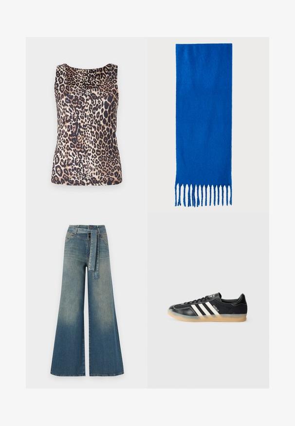 Top sin mangas que presenta un estampado de leopardo en tonos de marrón y negro, con una tela suave y ligera y un escote redondeado.; Pantalones de mezclilla de pierna ancha con un degradado de azul claro a oscuro, cintura alta, trabillas para cinturón y un cinturón de tela a juego. Acabado de mezclilla texturizada.; Zapatilla deportiva negra con rayas blancas, tejido texturizado, puntera de cuero liso y suela de goma. Presenta el logo en la lengüeta.; Bufanda azul con flecos, hecha de un tejido suave; presenta un color sólido con una superficie texturizada y flecos cortados de manera uniforme en la parte inferior.; Bolso de mano de cuero negro con dos asas cortas, herrajes plateados, detalles en blanco y un logotipo blanco. Presenta una superficie texturada y un diseño compacto.