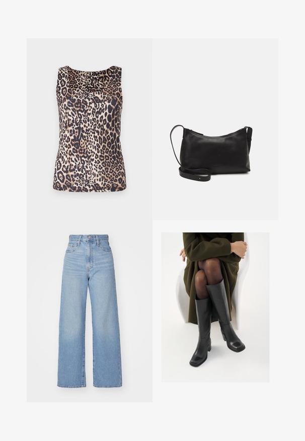 Top sans manches avec un motif léopard dans des nuances de marron et de noir, en tissu léger et doux, avec un col arrondi.; Jean large taille haute bleu clair avec bouton et fermeture éclair à l'avant, poches avant et arrière, sur fond blanc.; Bottes en cuir noires arrivant au genou, avec un bout carré et un talon carré, présentées sur un modèle assis dans un manteau vert olive. Texture lisse, détails minimaux.; Sac à épaule en cuir noir avec une texture lisse, une forme courbée, une bandoulière ajustable et une fermeture éclair. Design minimaliste sans embellissements.
