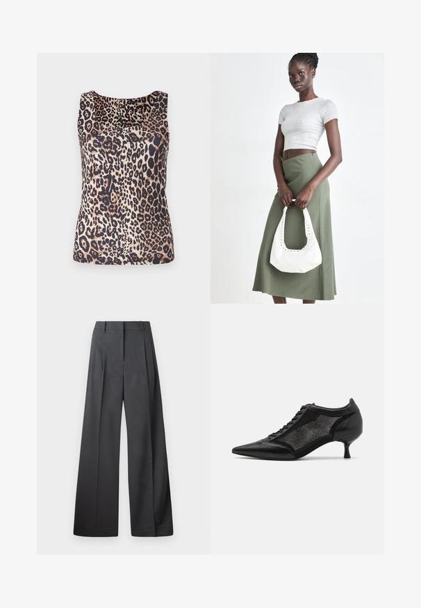 Ermeløs topp med mønster av leopardprikk i brune og svarte nyanser, laget av et glatt, lett stoff med rund halslinning.; Vide bukser i mørkegrått stoff med høy livlinje, enkel press, og en glatt tekstur med en ren finish på ermekantene.; Svart spiss tå-sko med meshpaneldesign, med lav hæl og snøring foran. Laget av en kombinasjon av lær og meshmateriale.; Grå ribbet topp og olivengrønn høy midje skjørt. Modellen holder en hvit skulderveske med utskjæringsdetaljer. Enkelt design, tettsittende silhuett.