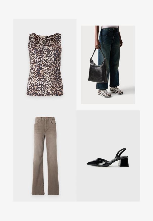 Sleeveless top featuring a leopard print pattern in shades of brown and black, with a smooth, lightweight fabric and rounded neckline.; Brown high-waist straight-leg jeans with front button, belt loops, and classic five-pocket design on a white background.; Black patent leather slingback heels with a pointed toe and a geometric block heel. Features a sleek, minimal design and smooth texture.; Black leather shoulder bag with a smooth texture and adjustable strap, paired with faded wide-leg jeans and athletic sneakers.