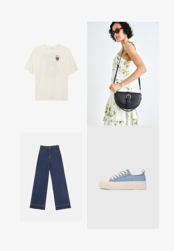 Kreemivärvi puuvillane t-särk lühikeste varrukatega, mille vasakul rinnal on naeratava kohvikruusi grafika. Lihtne, lõdvestunud lõige.; Laiad püksid tumedast sinisest denimist. Omab viit taskut, vöölõke ja toore äärega allosas, kus on nähtavad õmblused.; Heledad sinised kangast tennisekingad koorevärvi kummist varbakatte ja taldaga, millel on valged paelad ja tõmblukk kandadel.; Mustmust mustraha kõverate joontega, eemaldatava rihmaga ja kuldsete detailidega. Kotil on klapp, millel on pandladetail.